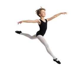 Fototapeta premium Young ballet dancer leaping in black leotard on white background