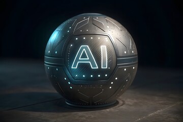 Metallic sphere with glowing AI text and digital lines