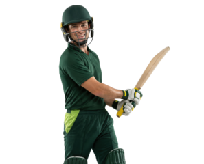Smiling cricket batsman in green uniform holding bat isolated on white