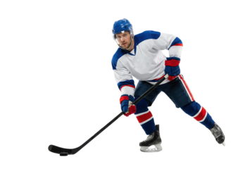 Ice hockey player skating with stick isolated on white background