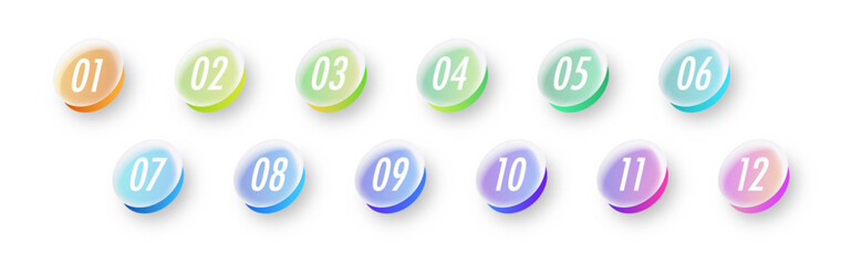 Bullet points numbers 1 to 12 list markers glassmorphic for timeline, Infographic, process, sequential processes, annual highlights, progress