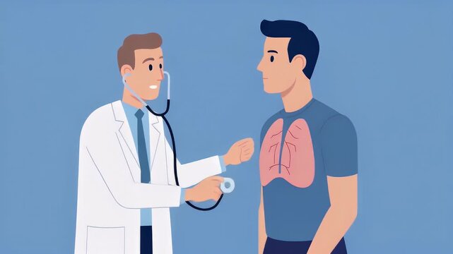 Doctor examining patient lungs with stethoscope animation. Cartoon medical checkup where physician listens to breathing of man with visible lungs, 4k.