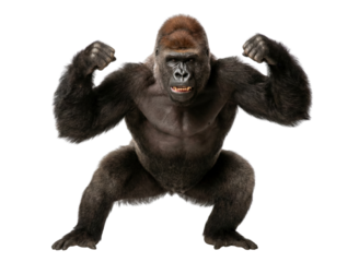 Aggressive silverback gorilla flexing muscles isolated on white background