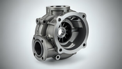 Detailed 3d rendering of a precision metal pump housing casting against a clean light