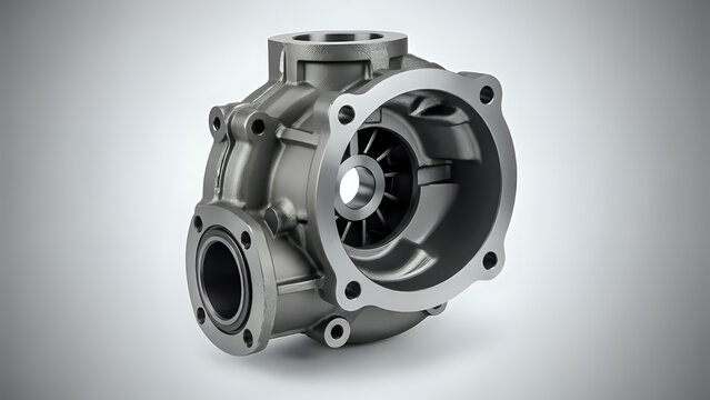 Detailed 3d rendering of a precision metal pump housing casting against a clean light