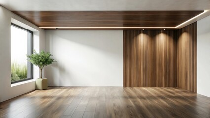 Fototapeta premium Modern minimalist room interior design with wood wall accent and large window showcasing natural light and a potted plant