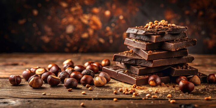 Dark Chocolate Pieces Stacked with Roasted Chestnuts and Seeds on Wooden Surface
