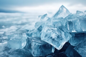 Obraz premium Abstract Close Up Of Crushed Ice Cubes With Frost And Bokeh Background On A Cold Winter Day