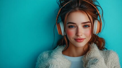 A girl wearing headphones and a warm jumper conveys comfort and relaxation, creating a backdrop for advertising audio products or winter clothing collections.