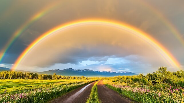 Vibrant double rainbow over scenic rural landscape high resolution image