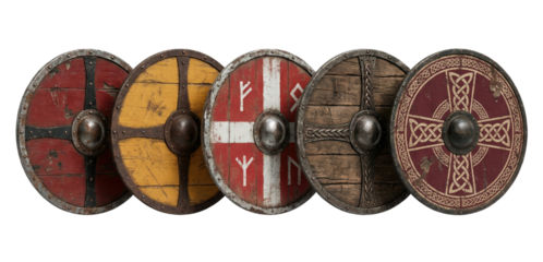 Row of medieval Viking wooden shields with painted designs isolated on white
