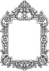 Intricately detailed baroque style decorative frame illustration featuring elegant scrollwork and floral accents, perfect for vintage-inspired designs and artistic projects