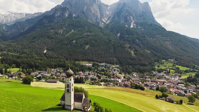 Church of San Valentino, at the foot of the Alpe di Siusi. Dolomites in South Tyrol