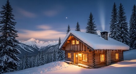Fototapeta premium Cozy Snowy Cabin in the Mountains at Dusk with Warm Lighting and Snow-Covered Trees