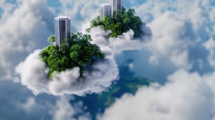 Futuristic Eco-Friendly Skyscrapers on Floating Islands Surrounded by Lush Greenery and Clouds in a Serene Blue Sky