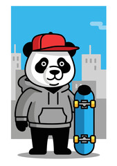 Cool Cartoon Panda Skater Wearing Hoodie and Cap with Skateboard in City