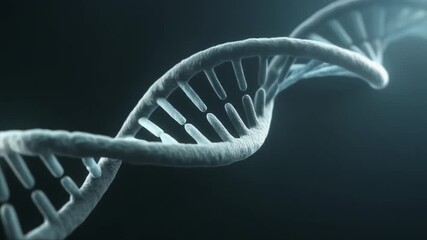 Close-up view of a glowing DNA double helix structure against a dark background, representing genetics and molecular biology research. - Powered by Adobe