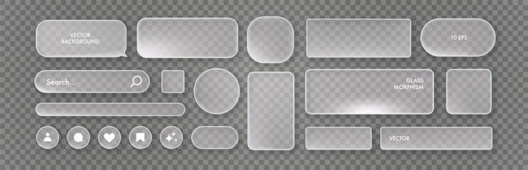 Naklejka na ściany i meble Glassmorphism UI design elements set on transparent background. Frosted glass shapes, icon, button, screen mobile for web, app, banner, and social media design projects