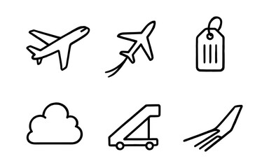 Collection of simple line art icons related to air travel and aviation themes