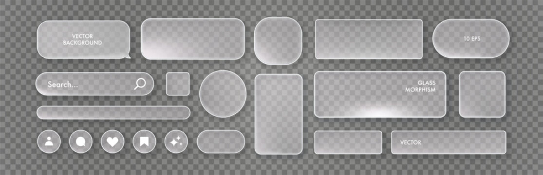 Glassmorphism UI design elements set on transparent background. Frosted glass shapes, icon, button, screen mobile for web, app, banner, and social media design projects