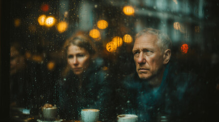 Pensive senior man and woman sitting behind a rainy cafe window at night with blurred bokeh lights in the background.