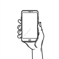 Black vector line icon of a hand holding a smartphone, designed in a minimalist flat style with thin, clean lines. Pure black outline with no color, shading, or gradients. Ideal for apps, UI design, w