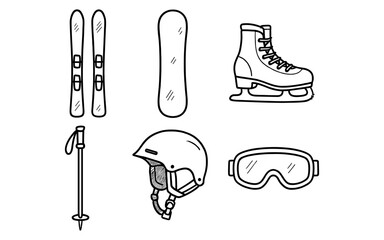 Collection of winter sports equipment in a simple doodle art style