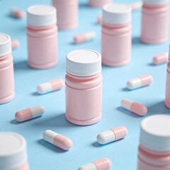 Pink pill bottles and capsules on a vibrant blue surface background