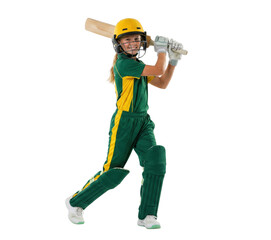 Smiling young girl cricket player batting in green uniform isolated