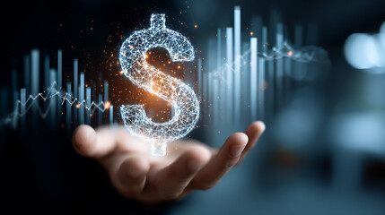 Hand holding glowing digital dollar symbol with financial graph image