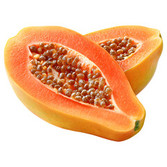 Fresh ripe papaya cut in half isolated on transparent background.