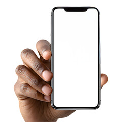 Hand holding smartphone with blank white screen isolated on transparent background.