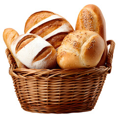 Fresh assorted bread loaves in wicker basket isolated on transparent background.