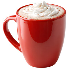 Hot chocolate cocoa drink in red ceramic mug isolated on transparent background.