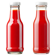 Tomato sauce bottles in clear glass packaging isolated on transparent background.