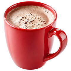 Hot chocolate cocoa drink in red ceramic mug isolated on transparent background.