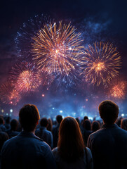 People watching vibrant fireworks exploding in night sky