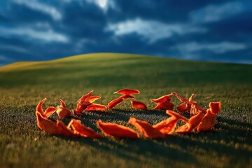 Circular Arrangement Of Red Leaves On Grassy Field Under Dramatic Cloudy Sky With Full Moon Light