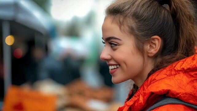 Cheerful young woman with a radiant smile and dimples is seen in a lively orange jacket as she explores an outdoor city market, glancing around with curiosity