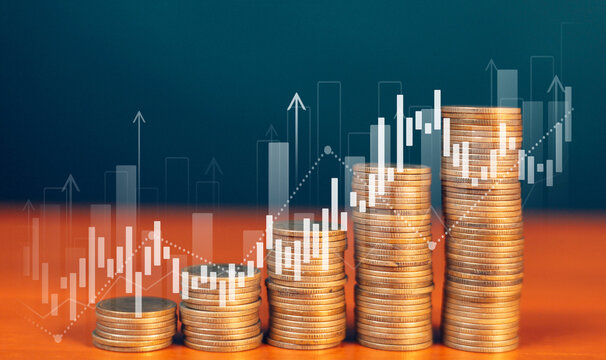 Coins piled up in increasing height from left to right, background displays bar charts and line graphs pointing upwards, conveying increased profits, an upward market trend, and business success.