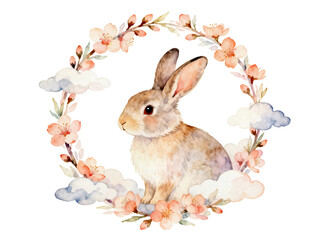 Adorable Easter Bunny Within Floral Wreath: A charming illustration portrays a cute bunny nestled within a delicate wreath of blossoms and soft clouds. This image embodies springtime, new life.