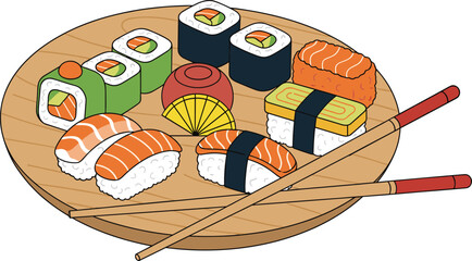 Assorted sushi platter with nigiri and rolls on wooden board, cute cartoon Japanese food illustration isolated