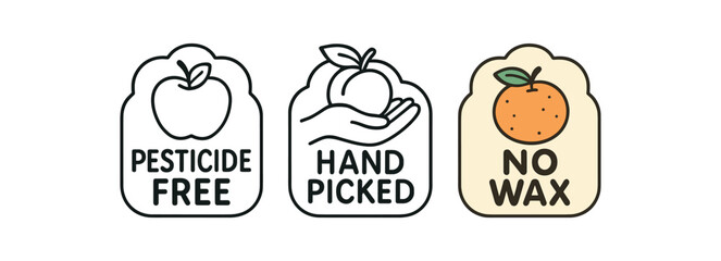 Flat vector illustration fresh produce labels with text pesticide free hand picked no wax