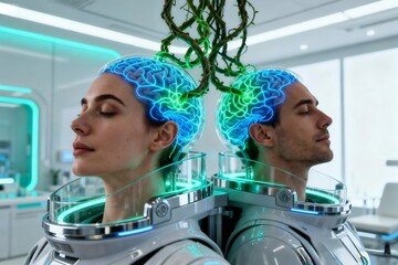 Two astronauts with glowing brains connected by roots in a futuristic lab