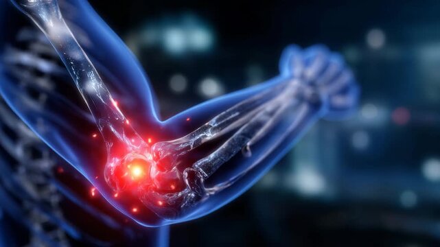 3D anatomical visualization of an inflamed elbow joint showing red glowing pain focus at the joint capsule, detailed bone and tendon structure illuminated against a dark gradient m