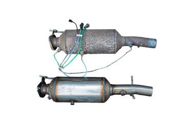 Two used, diesel particulate filters isolated on white, no people