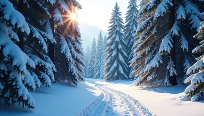 Deep winter forest, pristine snow cover, majestic pines, background, detail