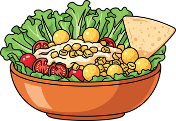 Fresh vegetable salad bowl with lettuce, tomatoes, corn, dressing and tortilla chip, colorful cartoon healthy food illustration