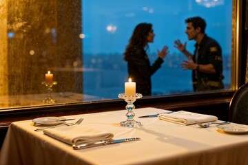 Couple arguing near a candlelit table in a restaurant with a city view