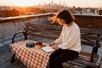 Young woman writing in a notebook on a rooftop at sunset with a city view